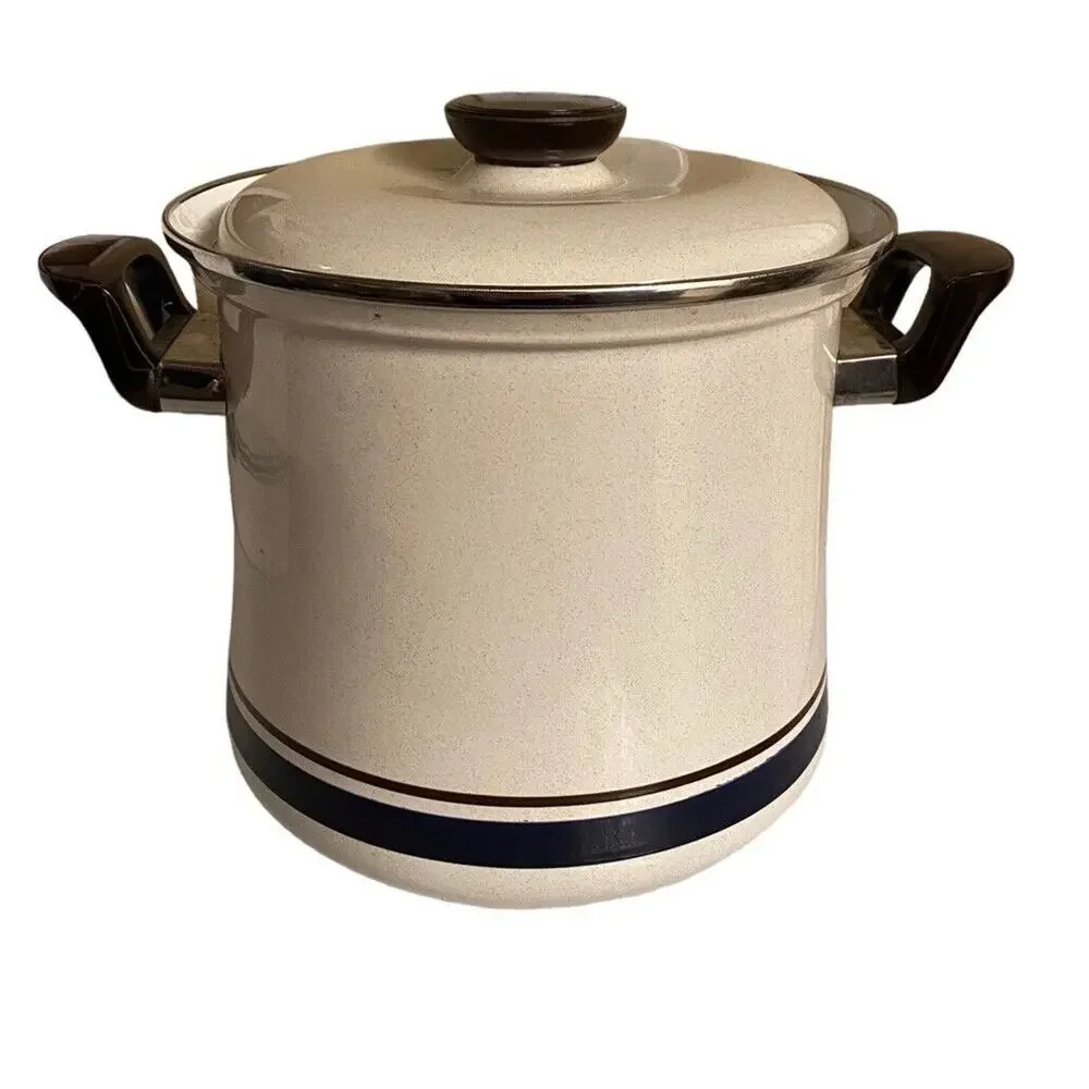 Vintage Stock Pot Porcelain Steel Sanko Contemporary Chateau Handpainted 8 Quart